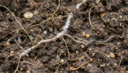 Hidden soil ecosystem with root fungi egg cluster and tiny invertebrate life seen in spring garden