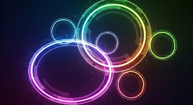 Abstract Glowing Circles: Vibrant Light Rings on Dark Background, Modern Digital Art - Powered by Adobe