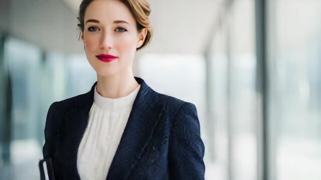 A confident European businesswoman, wearing a tailored navy blue pantsuit with peak lapels, silk white blouse, holding a leather portfolio