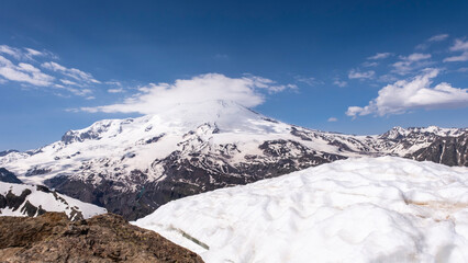 Clouds covered the peaks of Elbrus, the Western peak and the Eastern peak, Russia
