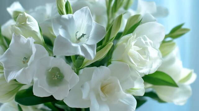 Elegant all-white floral arrangement of roses and gladiolus for wedding centerpiece composition
