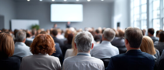 Audience of diverse professionals attending a business conference or seminar in a modern bright meeting room with large