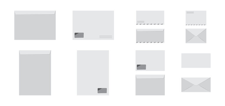 Closed paper envelopes set in various formats, front and back view. Vector isolated sealed letter packets collection. Showcasing postal packaging, branding or stationery mockup designs