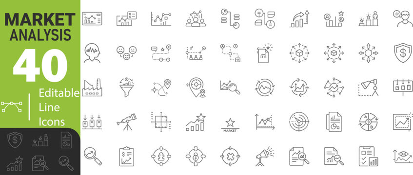 Market Analysis Editable In Modern Thin Stroke Line Style Icons set Collection Of Business Related Icons: Company, Budget, Sales And More Isolated On Transparent Background