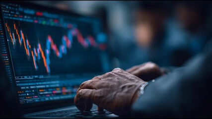 Close-up of hand analyzing financial stock market data on laptop screen with red and blue candlestick charts - Powered by Adobe