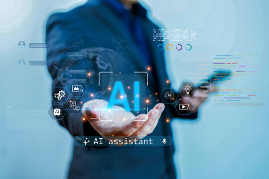 A business professional presenting AI technology with digital icons, coding elements, and a virtual assistant interface represents artificial intelligence, automation, and modern digital innovation.