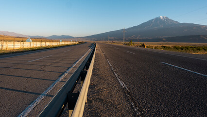 Mountain Big Ararat is near highway, view from the Turkish side