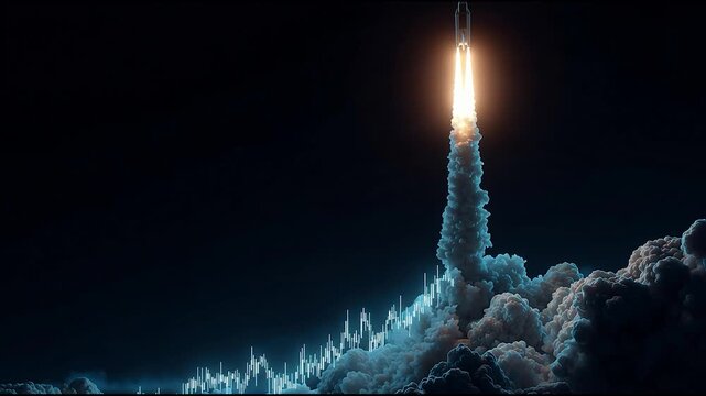 Rocket launch blending with rising financial stock chart concept, symbolizing business growth and innovation