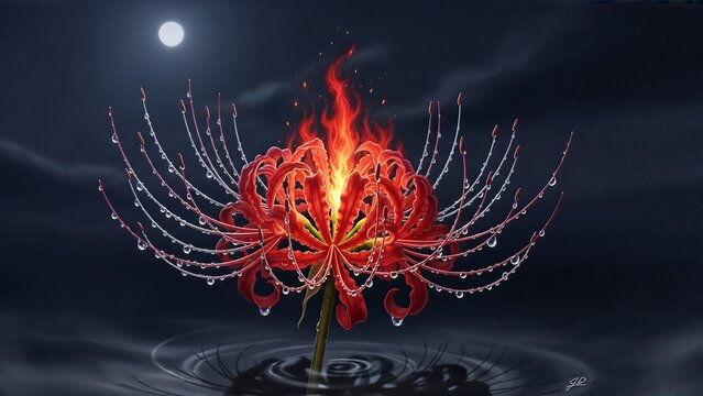 Dramatic Fiery Red Lycoris Radiata Flower in Water Under the Moonlight.