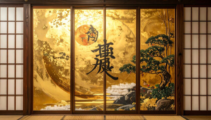 Luxurious Golden Kanji Art on Traditional Shoji Screen