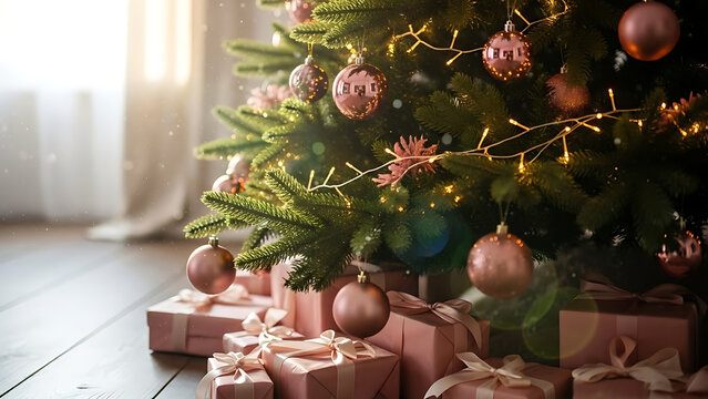 Festive Christmas tree adorned with rose gold ornaments and surrounded by beautifully wrapped gifts, creating a cozy holiday atmosphere