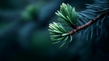 Detailed close-up footage capturing the delicate textures of a pine tree branch in a calm forest - Powered by Adobe