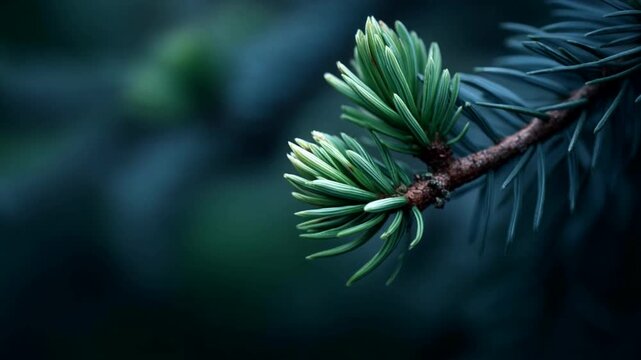 Detailed close-up footage capturing the delicate textures of a pine tree branch in a calm forest