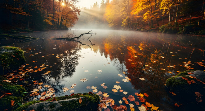 Golden sunbeams filter through morning mist over a tranquil autumn lake surrounded by a colorful forest.