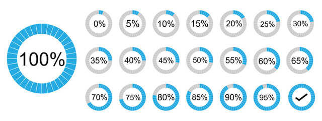 Pie chart full set, ring percentage diagram collection, loading circle icon, black isolated on white background, vector illustration.