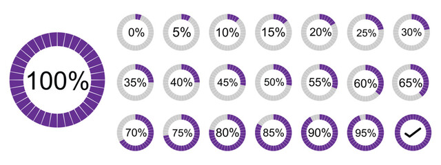 Pie chart full set, ring percentage diagram collection, loading circle icon, black isolated on white background, vector illustration.