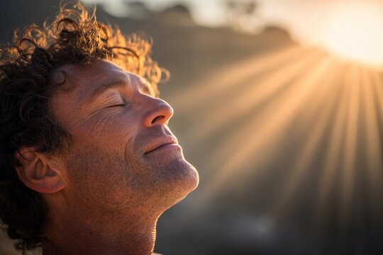 Man practicing somatic breathwork and conscious breathing at sunset Generative AI