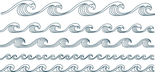 Minimal wave illustration set, ocean line art, stylized sea curves, marine design elements, abstract water graphics, crest forms, fluid motion