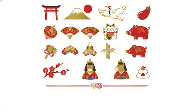 Traditional Japanese New Year Icon Set: Shogatsu Symbols, Torii, Fuji, Crane, and Maneki Neko Vector Illustration