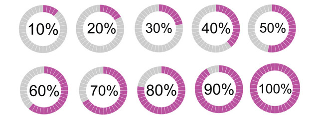 Percentage number icon set vector illustration featuring segmented blue radial pie charts displaying progress from 0% to 100%, perfect for data visualization, infographics, and loading indicators.