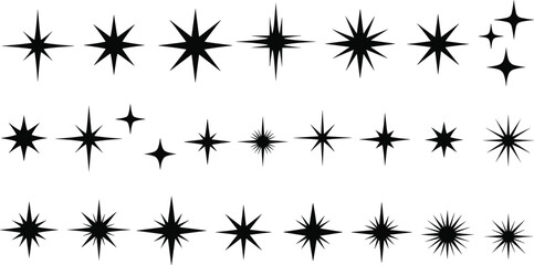 Black starburst icon grid, decorative burst shapes, abstract spark symbols, symmetrical sunburst graphics, radial design elements, visual accents