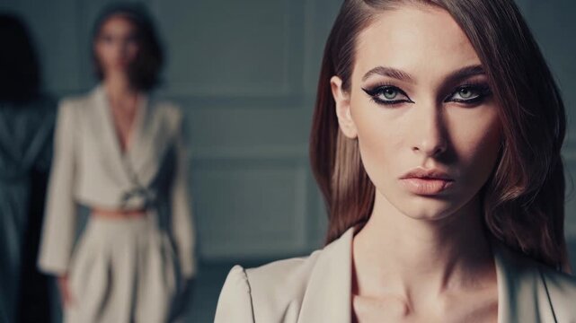 Fashion showcase features stylish models in elegant attire at a contemporary setting