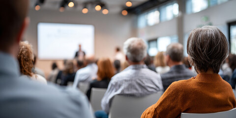 Fototapeta premium Audience attending a seminar or conference in a modern meeting room with a speaker presenting in front of a projection screen