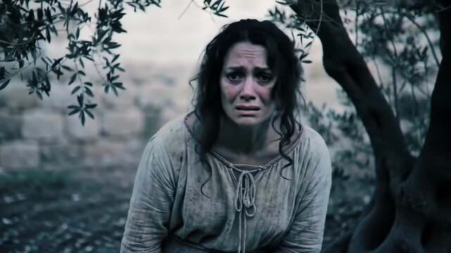 Woman Crying in Nature - Emotional Scene of Sadness and Grief.