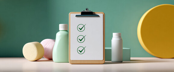 Checklist on clipboard with green check marks surrounded by pastel cosmetic bottles and soft sponges on table against teal background
