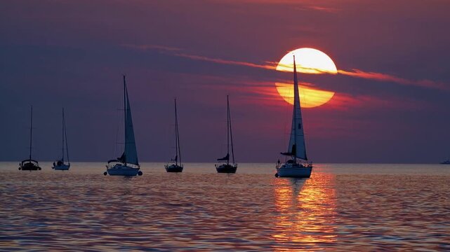 Sailboats glide on calm waters as the sun sets over the horizon creating a stunning evening atmosphere