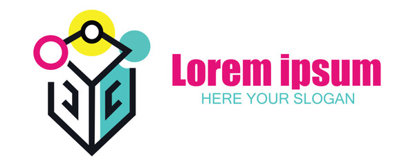 Abstract geometric logo with colorful cube and connected circles, representing technology, isolated on white background