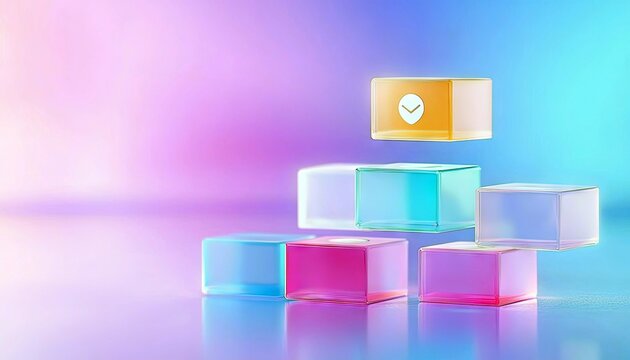 A pyramid of colorful, translucent blocks with a single floating block at the apex displaying a checkmark icon. The background is a soft gradient of pink and bl - Powered by Adobe