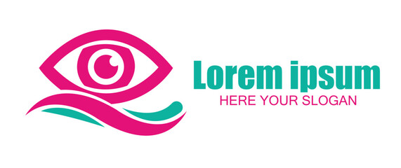 Abstract eye icon in pink and teal, symbolizing vision, insight, and focus, with placeholder text, isolated on white background