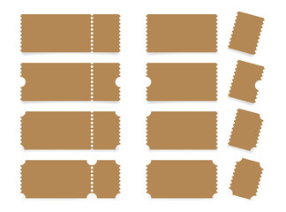 Set of brown ticket mockups with ruffle edges and shadows. Ticket with the control part torn off. Ticket stub