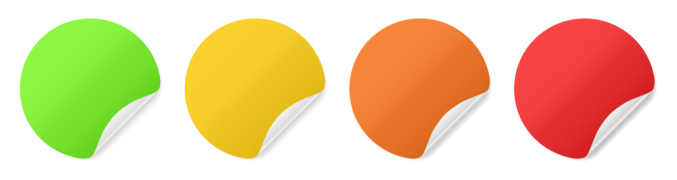 Set of round paper stickers with silver foil back. Stick in notes. Green, yellow, orange, and red colors. Multicolor post it notes. Sheets of paper. Tag, sticky note