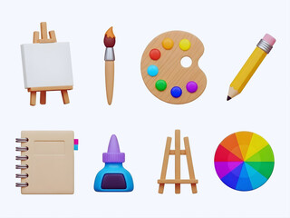 Essential art supplies. 3d icons: easel, brush, palette, pencil, notebook, ink, color wheel