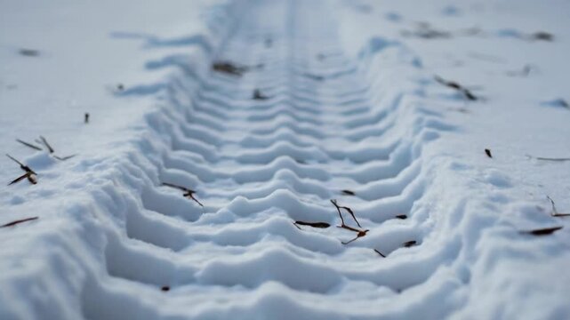 Tire tracks leading through fresh snow in winter landscape  