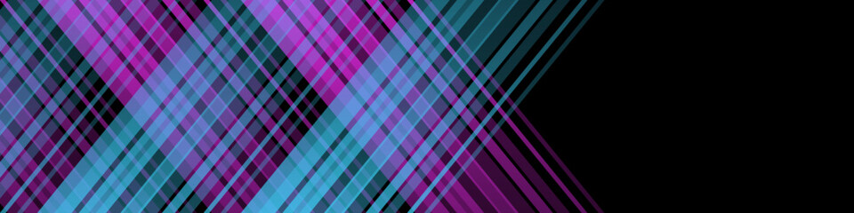 Black abstract banner with pink and teal pattern, crossed lines, modern geometric texture, diagonal rays and angles