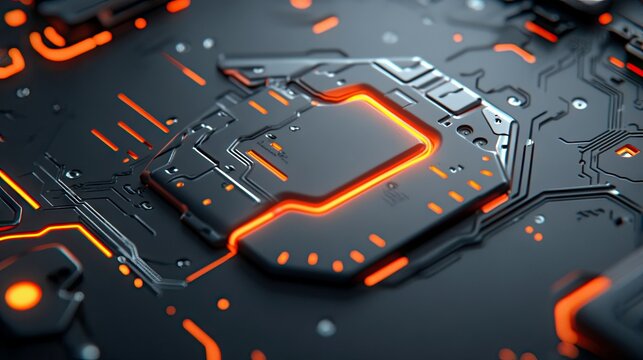 A detailed, close-up view of a futuristic circuit board with intricate pathways and a central component glowing with vibrant orange light. The dark, metallic su