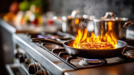 Stir fry pan with flames on a gas stove in a modern kitchen night setting illustrating intense cooking