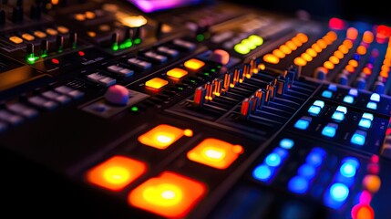 Close-up view of a professional audio mixing console with colorful backlit buttons and faders displayed in a music production environment at night