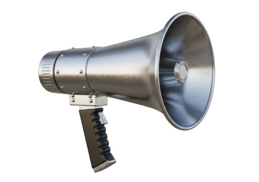 Metallic handheld public address device depicted against a dark background