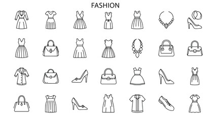 Fashion Outfits, Clothing Designs, Dresses, Accessories, Shoes & Stylish Wear Line Icons for Fashion and E-Commerce UI