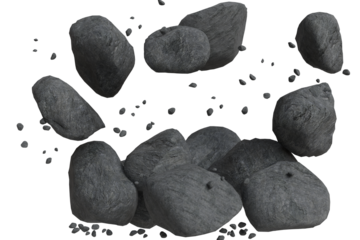 A scattered cluster of grey, rough-textured rocks and debris of varying sizes, floating or suspended atransparent background, empty backdrop