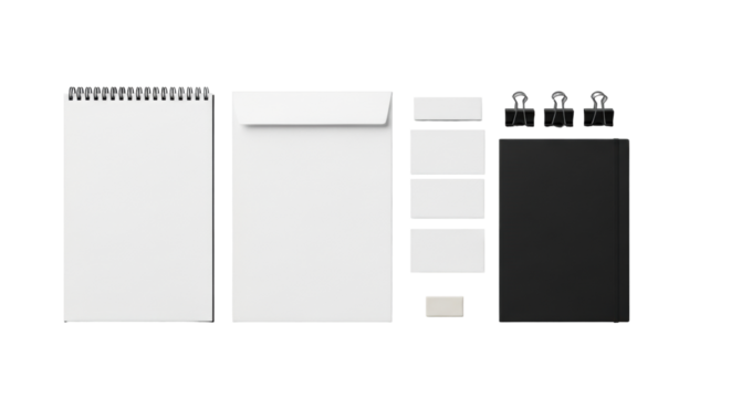 Overhead flat lay of blank black spiral notebook, white A4 paper, envelope, business cards, black pencils, clips, eraser on light grey background. Concept for corporate branding and design mockups