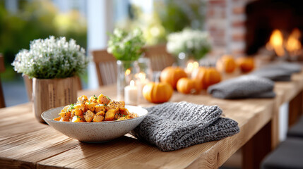 Rustic dining table with roasted vegetables and pumpkins creating a cozy autumn setting enhanced by lit candles and potted plants suggesting seasonal family gatherings.