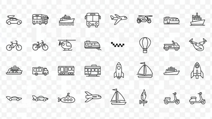 Travel Vehicles, Transport Services, Aircraft, Ships, Cars, Buses & Mobility Line Icons for Navigation Applications