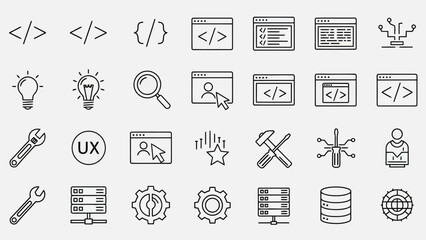 Web Coding, UI/UX Design Tools, Search Interface, Browser Elements & Development Line Icons for Digital Projects