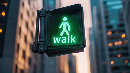 Green pedestrian walk signal illuminating urban street, guiding safe crossings in modern cityscape during twilight hours with blurred buildings