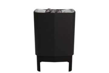 A sleek, dark grey, modern sauna heater with a columnar design, holding hot rocks on its open top, ready for steam generation in a home spa setting